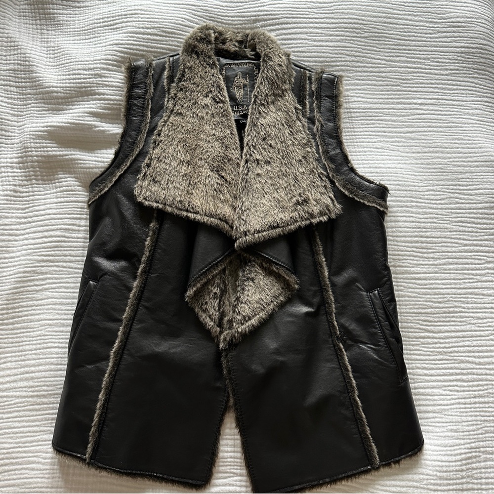 My Tribe USA Women’s Black Fur Vest Genuine Leather